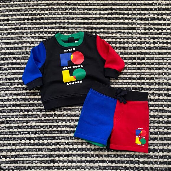 🌿Ralph Lauren Boys Kids 2P Black Color Block Shorts Sweatshirt Sweat Set 6M - Picture 2 of 4